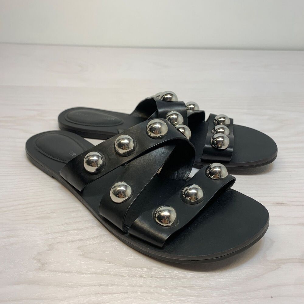 Marc Fisher Bryte Flat Slide Sandals Black Silver Studs Womens Size 8.5M